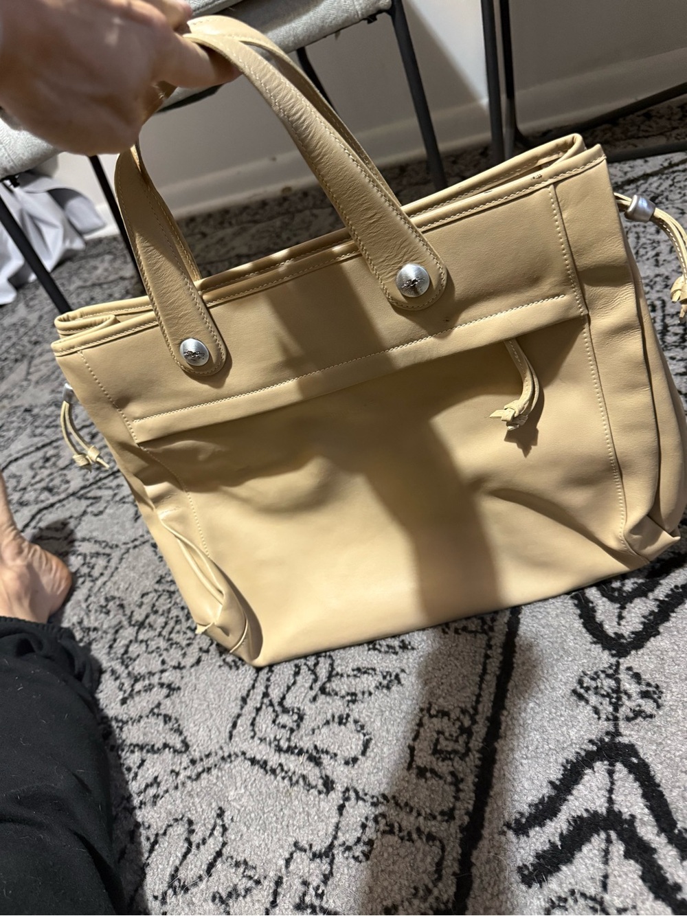 Longchamp Beige Leather Tote Bag Drawstring Silver Hardware